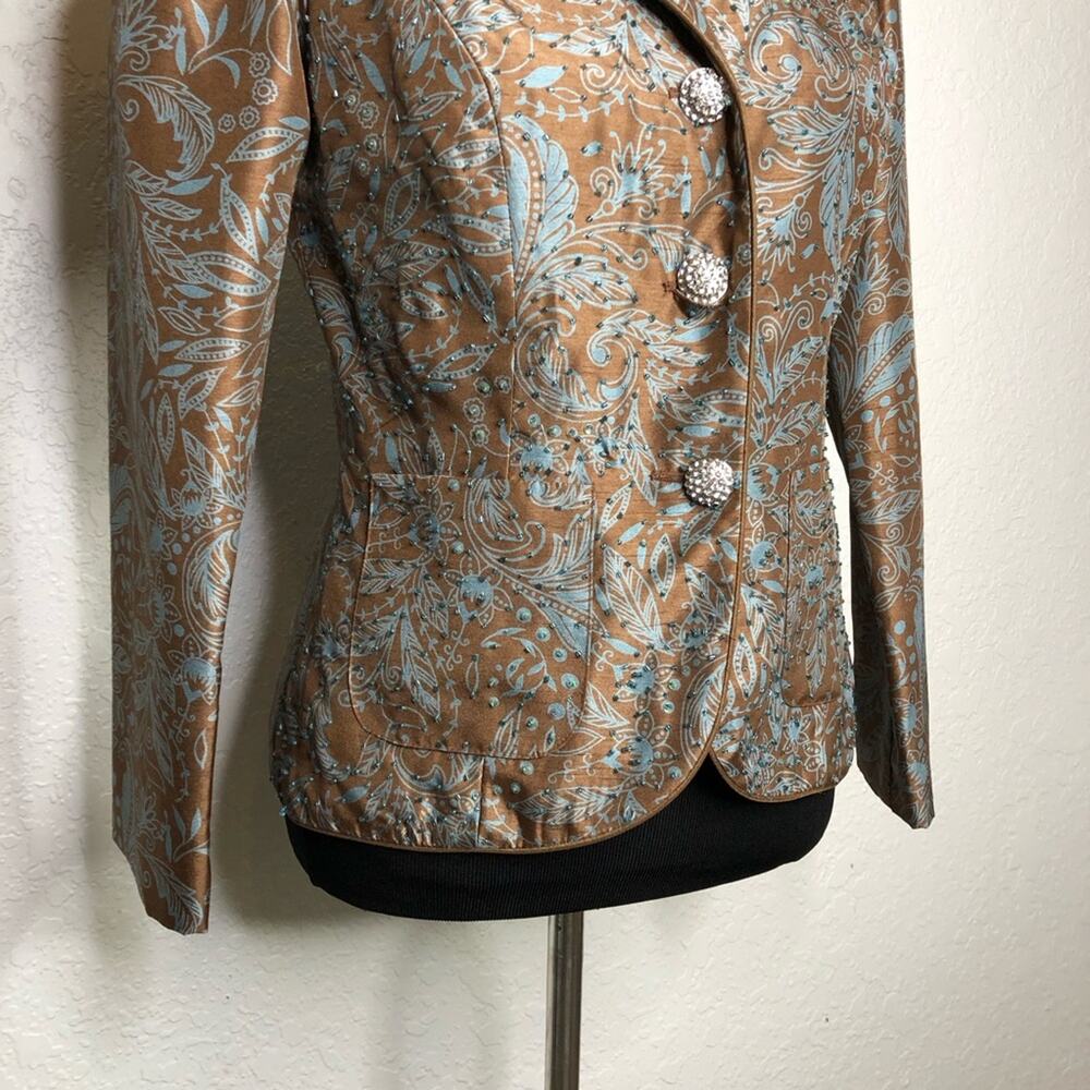 Victor Costa brown blue floral beaded rhinestone button blazer jacket size 6 - Picture 3 of 15